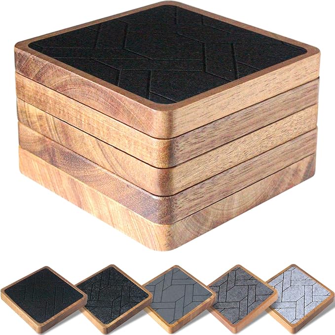 5 Pack Coasters for Drinks Absorbent, EDEGG Square Wood Coasters by EDEGG