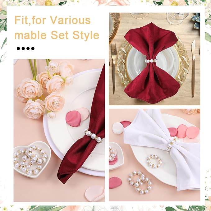 60Pcs Pearl Napkin Rings,Imitation Pearl Beaded Napkin Ring Holder,Serviette Napkins Rings Bulk for Wedding Reception Dinner Table Decor Banquet Home Party (White&Gold, 60Pcs)