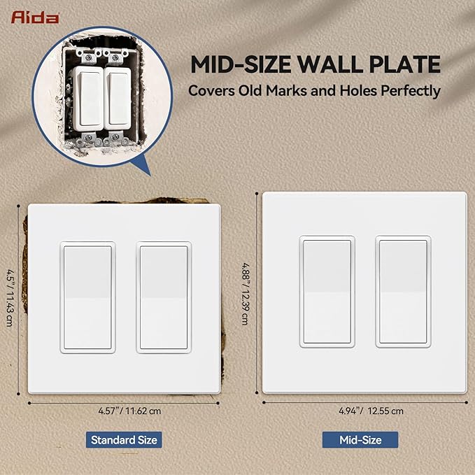 AIDA 4 Pack Screwless Wall Plate cover, 2 Gang Wall Plate Screwless Outlet Switch Covers Outlet Covers Switch Plate Wall Plates for Electrical Outlets and Switches, UL Listed -Matte White