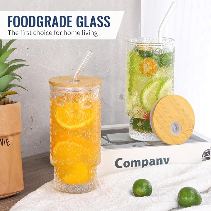 16 Oz Glass Cups Set of 4, Vintage Embossed Floral Glass Tumbler, Iced Coffee - Image 4