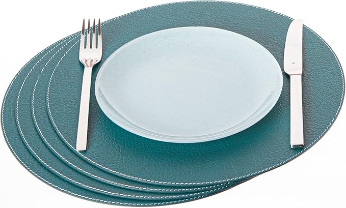 Nikalaz Round Placemats Set (Pack of 4) Recycled Leather Table Mats 15 inches, Kitchen Dining Table Decor by Nikalaz (Petroleum Green)