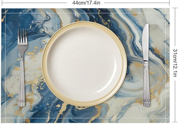 Marble Linen Placemats Set of 4, Modern Luxury Foil Texture Blue White Gold Marble 12x17 Inch Washable Table Mats Non Slip Placemats for Wedding Party Kitchen Banquets Dining Decoration