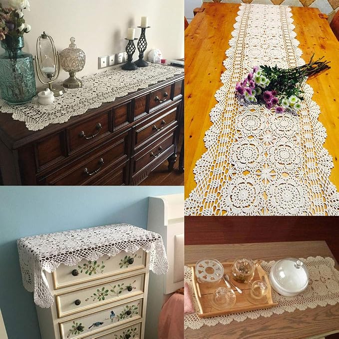 Cotton Handmade Crochet Lace Table Runner White Rectangle Coffee Table Dresser - Image 3