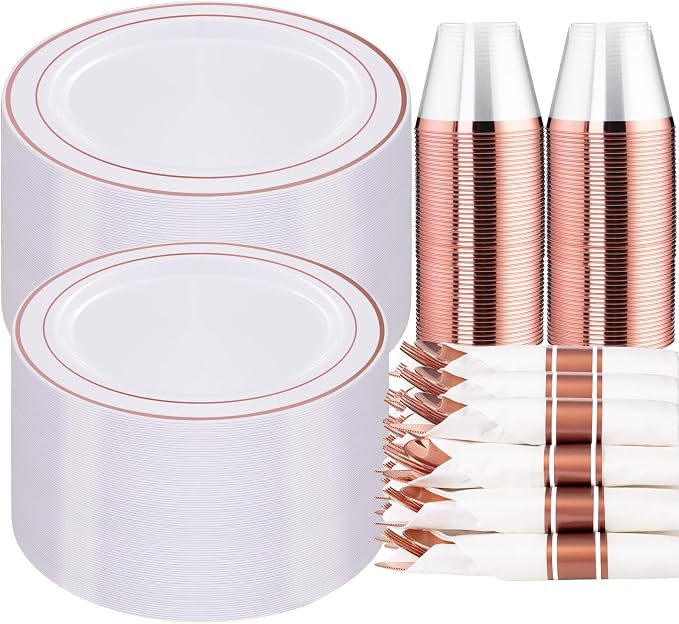 WELLIFE 350 Pieces Rose Gold Plastic Dinnerware, 50 Guests Disposable Plates by WELLIFE