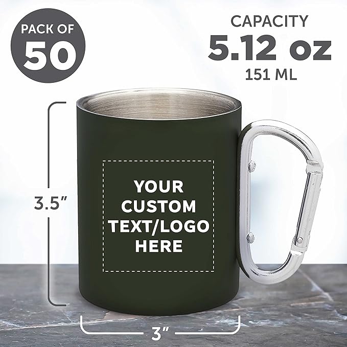 Custom Stainless Steel Mugs with Carabiner Handle 10 oz. Set of 50, Personalized Bulk Pack - Perfect for Coffee, Soda, Other Hot & Cold Beverages - Army Green