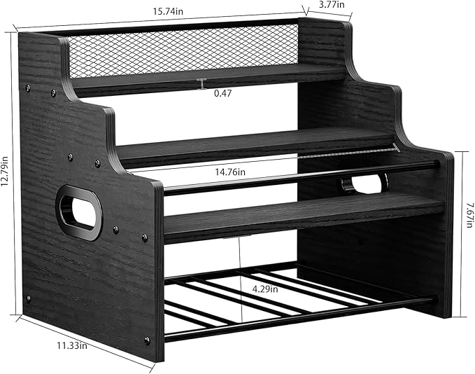 KLM 4-Tier Wood Display Shelf, Black Modern Bottle Organizer, Countertop Bar Stand for Liquor, Coffee Syrup, (Black)