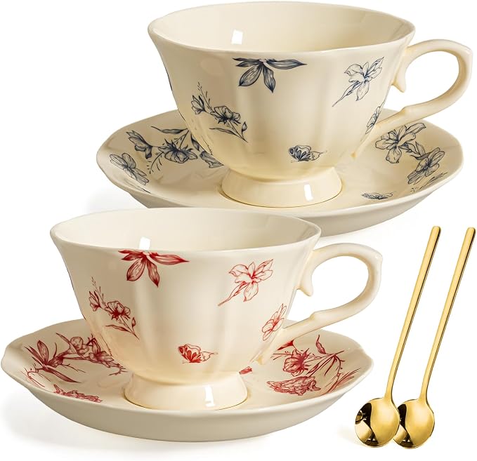 Vintage Fancy Porcelain Tea Cups and Saucers Set of 2, 8 oz China Ceramic by Unknown