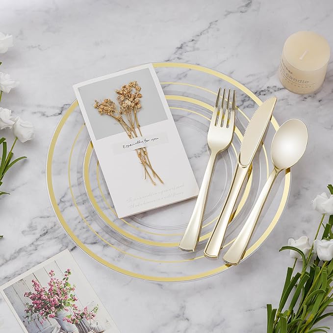 BESTVIP 50Pcs Clear Gold Plastic Plates, 10.25 Inch Disposable Plates | Heavy - Image 3
