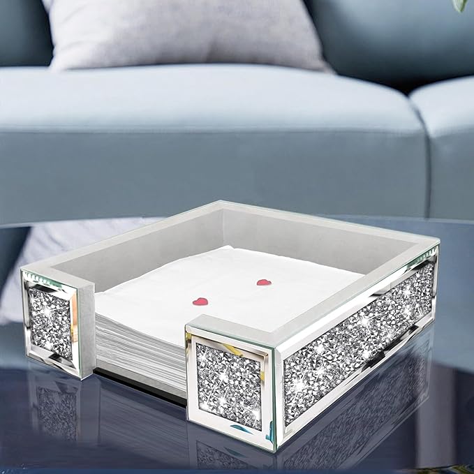 Wocred Flat Mirror Napkin Holder for Bathroom Vanity,Crystal Crushed Diamond Guest Towel Holder,Cute Napkin Tray for Kitchen,Dining table,Guest Bathroom.(8.1”X8.1”X2.6”)