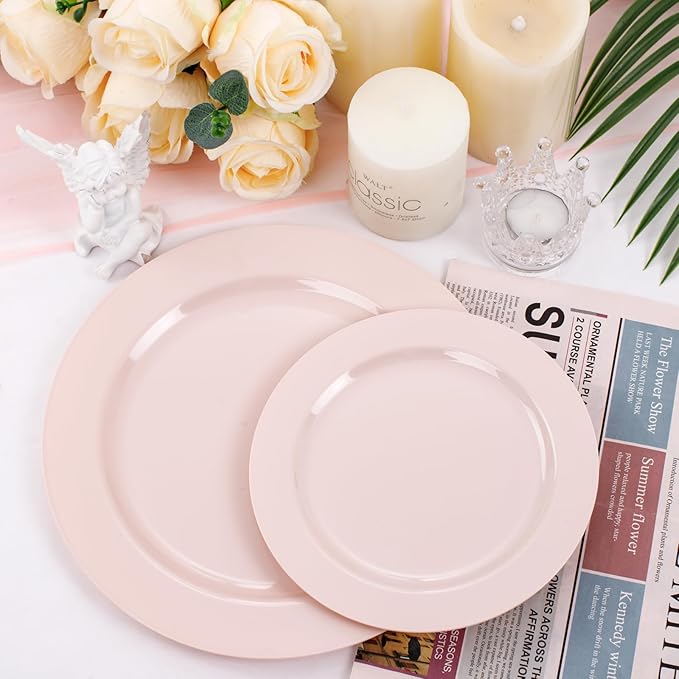 FLOWERCAT 100PCS Pink Plastic Plates - Heavy Duty Pink Party set Disposable serve for 50 guests -10 inch Dinner + 7 inch Dessert/Salad Plates for Easter,Birthday Party,Mother's Day