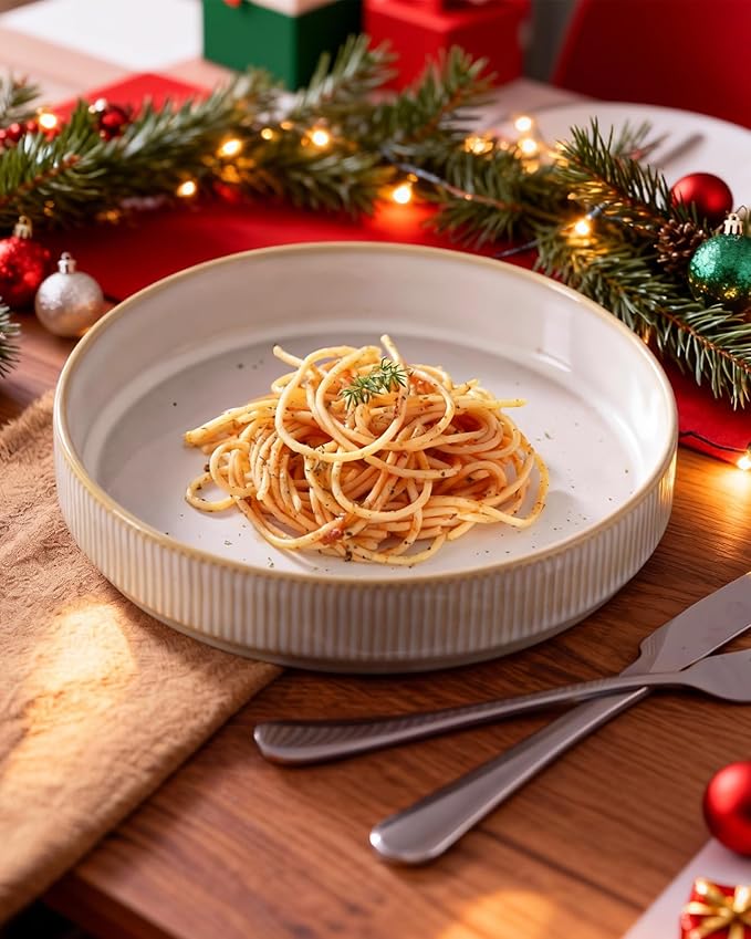 famiware Star 7.5" Pasta Bowls Set, Salad Bowl Set of 4, Double Reactive Glaze, Stackable, Ideal for Your Friend for Housewarming, Festivals, Cappuccino White
