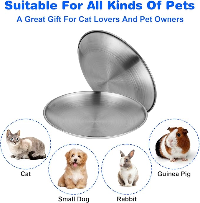 4Pcs Stainless Steel Cat Dishes for Food and Water, Flat Wide Shallow Cat Bowl, 5.51in Cats Food Plate for Kitten Puppy Small Dog Feeding