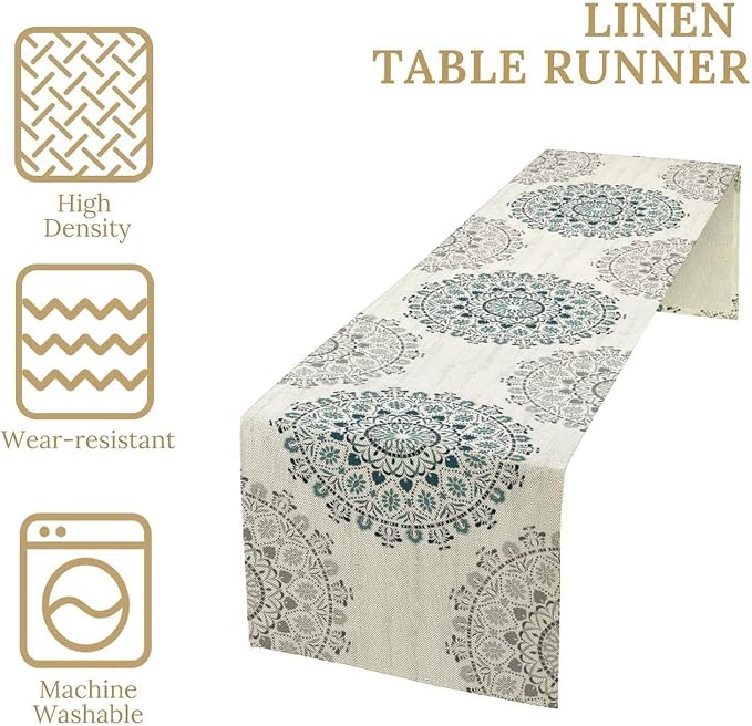 Boho Flower Table Runner, Bohemian Turquoise Mandala White Teal Floral Kitchen - Image 4