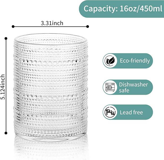 Hobnail Drinking Glasses Set of 6, 16 Oz Vintage Embossed Glass Cup Kitchen Glassware Water Tumblers for Cocktails, Beer, Juice, Whiskey