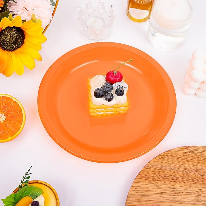 WELLIFE Orange Party Plates 7 Inch -150 Count, Disposable Plastic Dessert Plates for Party Easter Cake Appetizers Salad Picnic BBQ Wedding Engagement Birthday