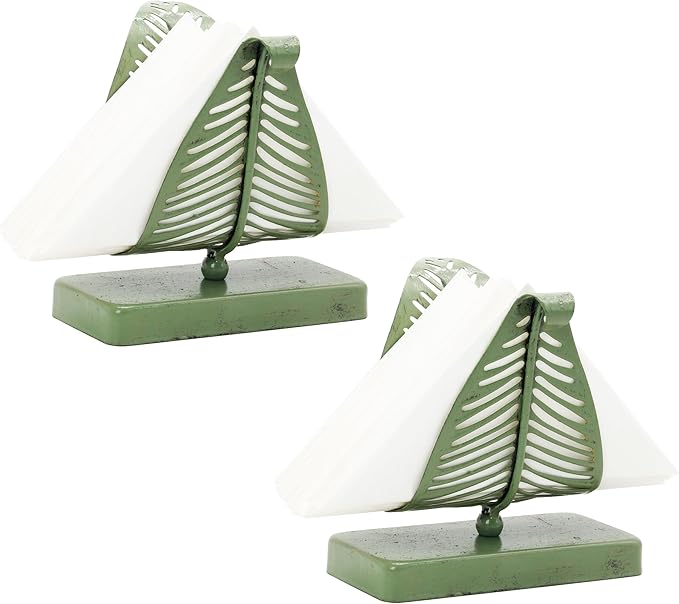 Owlgift Rustic Green Leaf Napkin Holder Set of 2 – Decorative Iron Tissue Organizer for Kitchen, Dining Table, or Entryway – Vintage Country Style Metal Letter Holder Rack
