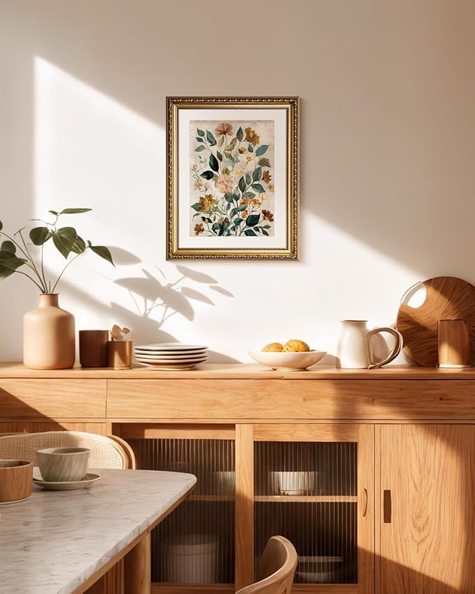 InSimSea Gold Picture Framed Wall Art, Living Room Vintage Watercolor Flower Botanical Wall Decor, Floral Canvas Print Art, Home Farmhouse Decor, Antique Paintings with Frame 13x16inch