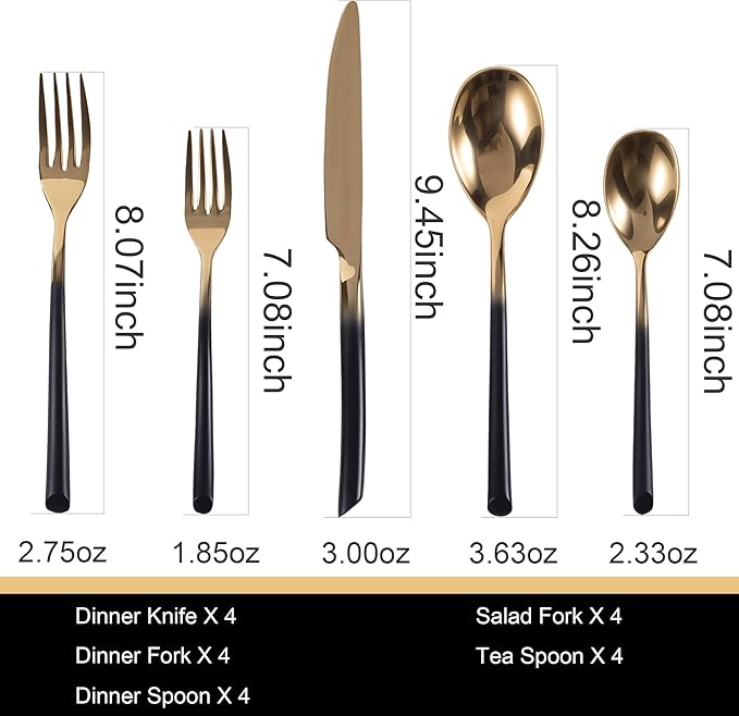 Black and Gold Silverware Set for 4 Modern 20 Piece Flatware Set Stainless Steel Mirror Polished Unique Black Gradual Change Gold Cutlery Utensils Sets for Home Kitchen Restaurant Nice Weight