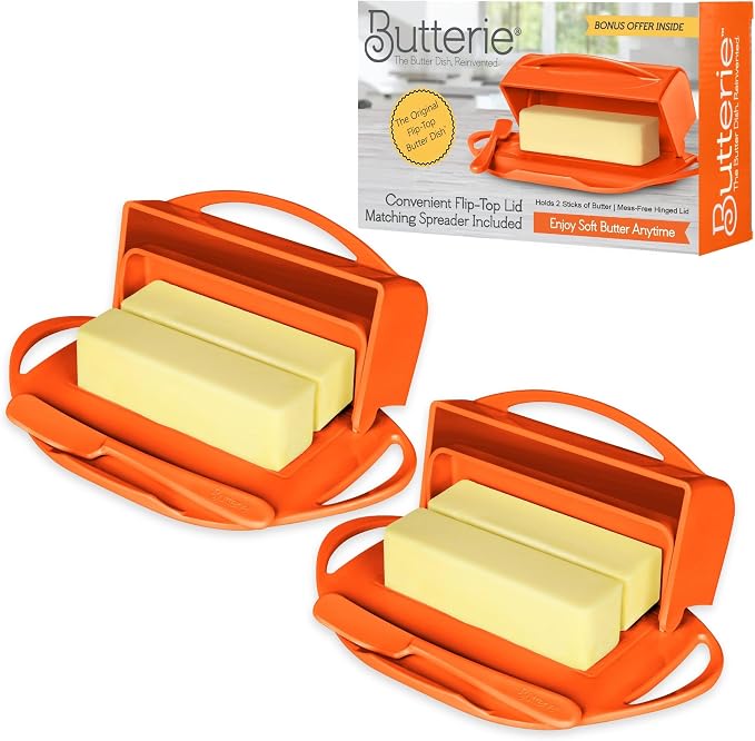 Flip Top Butter Dish with Attached Lid & Matching Knife, 2 Pack by Butterie