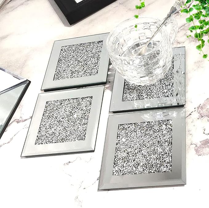 GIMORRTO Glass Mirrored Coaster 4 PC, Crushed Diamond Square Cup Mat 4" Decor - Image 4