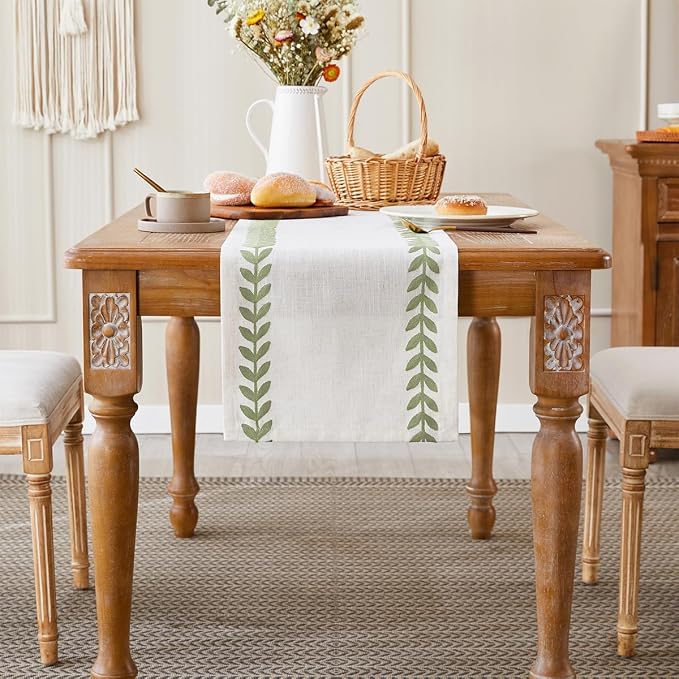 Embroidered Table Runner, Light Green Table Runners 36 Inches Long | Linen - Image 2