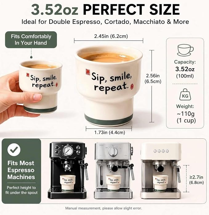 Ceramic Espresso Cups Set of 2, 3.52 OZ Handleless Demitasse Cups, Stackable - Image 3