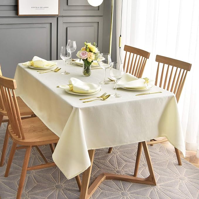 maxmill Jacquard Table Cloth Waving Pattern Water Resistant Wrinkle Resistance Heavy Weight Soft Tablecloth for Kitchen Dinning Tabletop Decoration Oblong 60 x 140 Inch Ivory