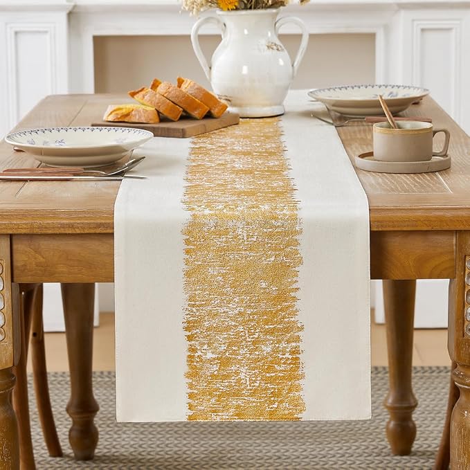 Metallic Style Gold Table Runner, Table Runners 60 Inches Long | Cotton Linen by Aiimart