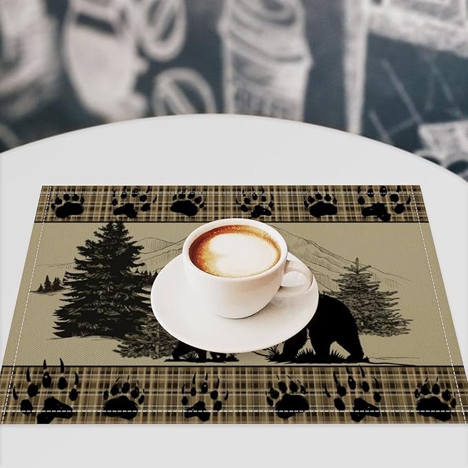 Retro Farmhouse Placemat Set, Rustic Brown Tartan Check Wildlife Bear Paw Silhouette Sketch Pine Tree Forest Pattern Home Decoration Linen Table Mats for Dining Room Kitchen Party (17x12in) x2P