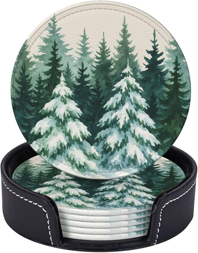 Winter Snow Scene Forest Green Christmas Tree Coasters by KiuLoam