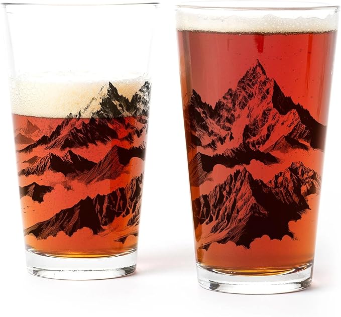 Black Lantern Mountain Peaks Pint Glass 16oz Beer Glass for Nature & Craft Brew Lovers | Premium Outdoor-Themed Drinkware