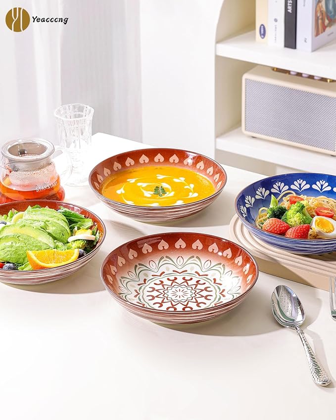 Yeacccng Pasta Bowls Set of 6, 35 Oz Ceramic Large Salad Bowl, 8.5 Inch Colorful Serving Bowls for Kitchen, Dishwasher & Microwave Safe, Scratch-Resistant, Lead-Free (Brown*3 + Blue*3)