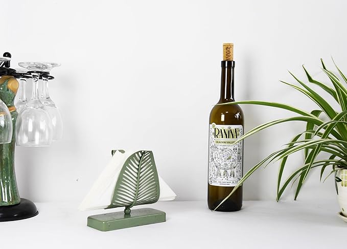 Owlgift Rustic Green Leaf Napkin Holder Set of 2 – Decorative Iron Tissue Organizer for Kitchen, Dining Table, or Entryway – Vintage Country Style Metal Letter Holder Rack