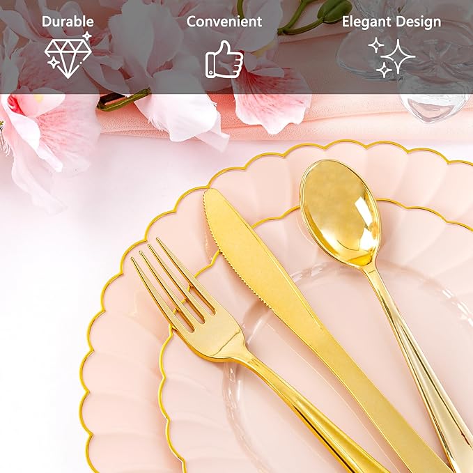 YOUBET 350PCS Pink Scalloped Plastic Plates - Pink and Gold Disposable Dinnerware Set Include 100 Plates, 150 Gold Silverware, 50 Cups, 50 Napkins for Wedding & Party Valentines Day