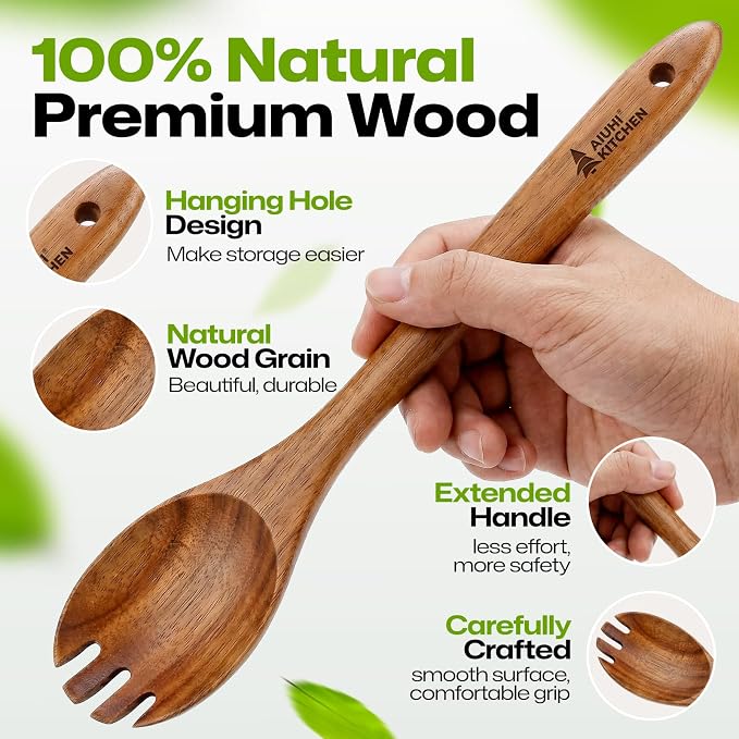 Wooden Salad Spoon Fork, 2-in-1 Teak Wood Cooking Utensil, Long Handle - Image 5