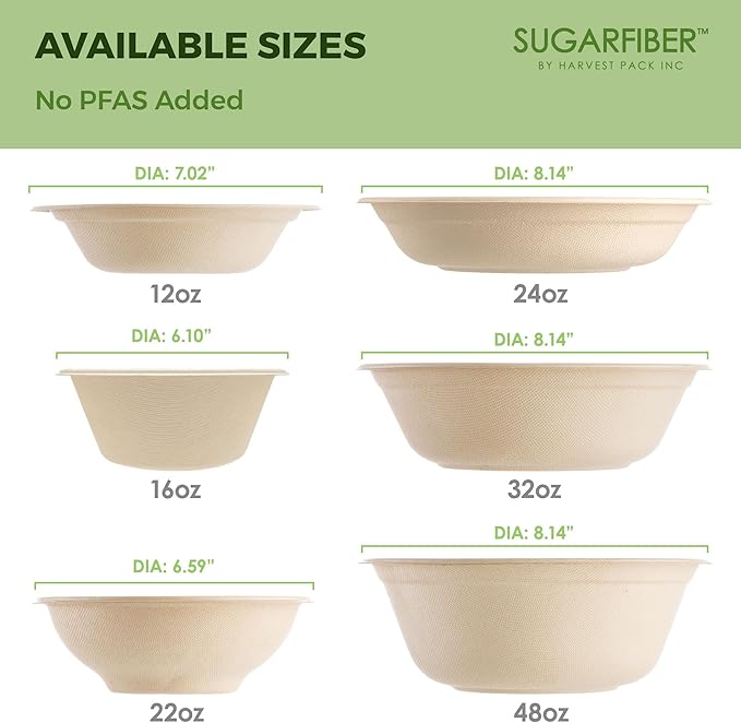 [1000 Count]Sugarfiber by Harvest 22oz Round Bowls PFAS Free with PLA coating - Compostable Heavy-Duty Eco-Friendly Disposable Bagasse Bowl Sugarcane made plant fibers for Meal Prep