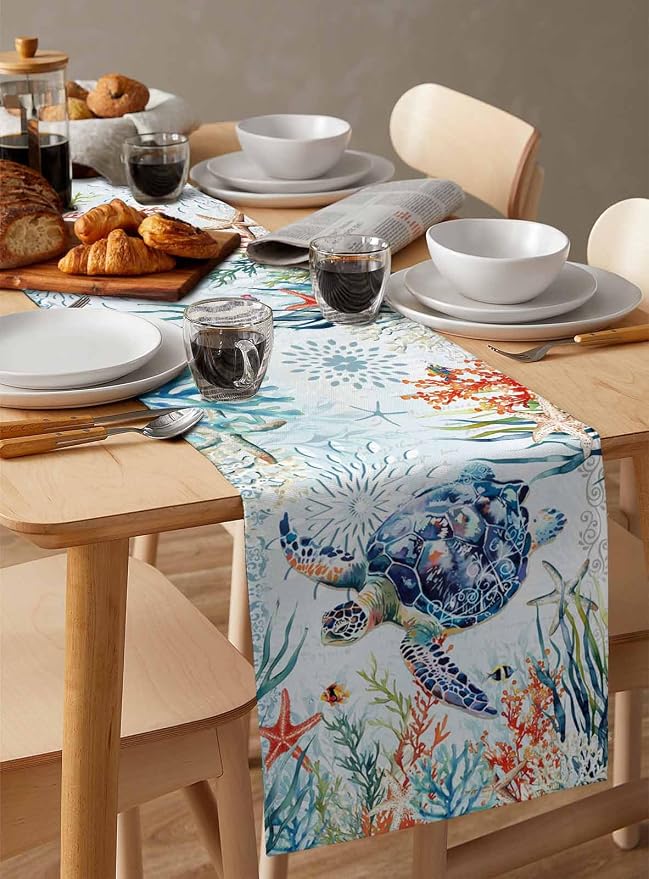 Sea Turtle Coastal Table Runners 108 Inches Long, Summer Beach Coral Table - Image 3