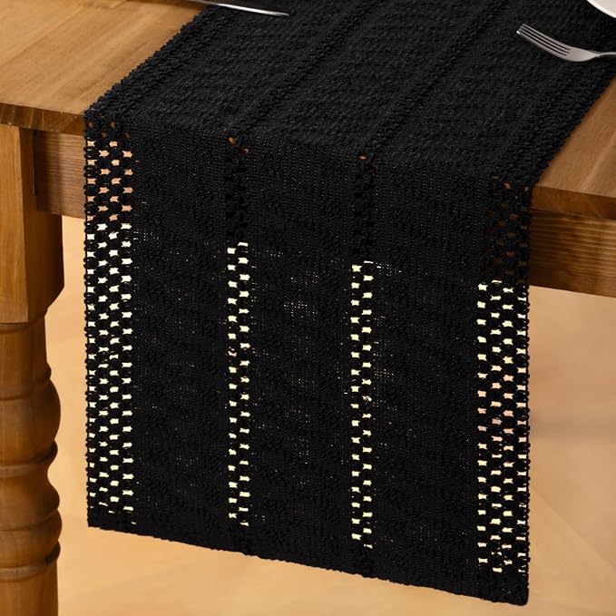 Black Boho Table Runner Farmhouse Macrame Woven Table Runner 12x90 Inch | Small - Image 4