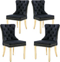 KCC Velvet Dining Chairs Set of 4, Upholstered High-end Tufted Dining Chair with Nailhead Back Ring Pull Trim Stainless Steel Legs, Contemporary Nikki Collection Modern Style for Kitchen, Black
