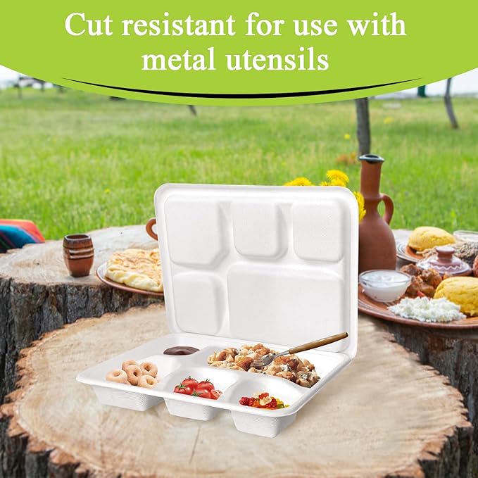 three leaf 5 COMPARTMENT MEAL TRAY WITH LID SET, 25 SETS. Heavy-Duty- Super Strong- Natural- Eco-Friendly Disposable Bagasse Plates with lid, 100% Biodegradable Plates