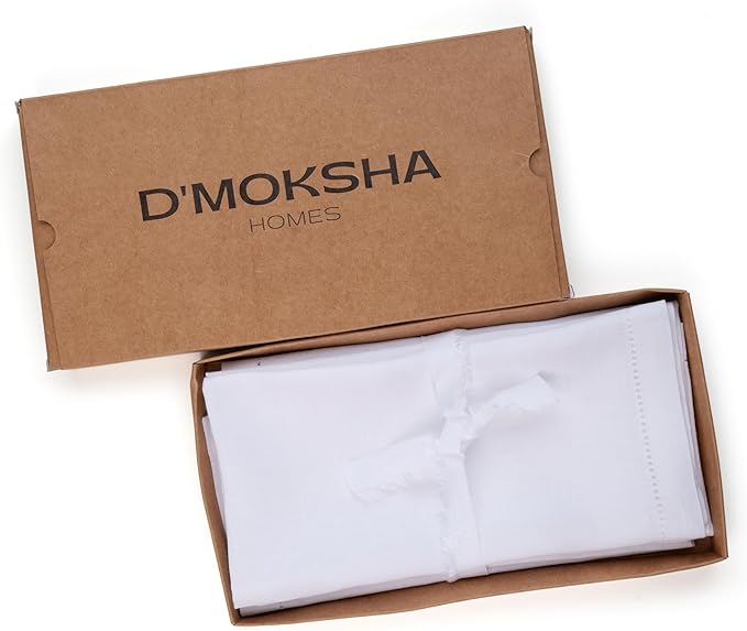 D'Moksha Homes White Linen Napkins Set of 4 - Classic Hemstitch 100% Pure Linen Hemstitch Dinner Napkins 20 x 20 Inch for Valentines, Spring, Easter - Handcrafted and Machine Washable