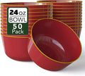 Trendables Plastic Bowls Disposable Bowls 24 Oz Bowl Set Of 50 Burgundy Gold Rimmed Fancy Plastic Serving Dishes Perfect for Parties and Events Disposable Candy Bowl
