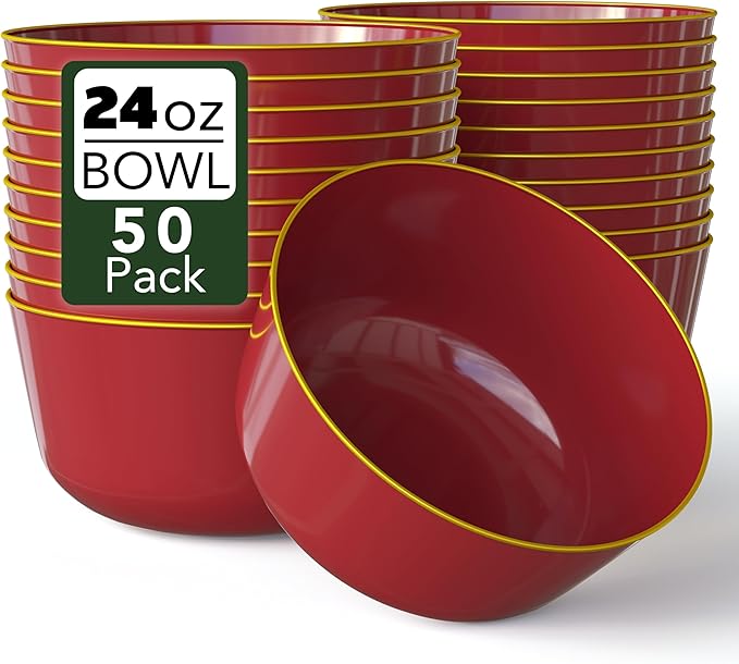 Trendables Plastic Bowls Disposable Bowls 24 Oz Bowl Set Of 50 Burgundy Gold Rimmed Fancy Plastic Serving Dishes Perfect for Parties and Events Disposable Candy Bowl