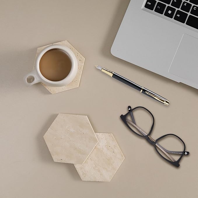 Travertine Coasters Set of 6 with Gold Holder, Hexagonal Rustic Beige Marble Drink Coasters for Coffee Table Decor, Porous Stone Absorbent Coaster for Drinks, Velvet Backed