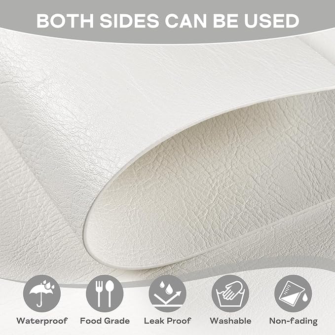 Faux Leather Placemats Set of 6, Washable Place Mats, Wipeable Waterproof Oil-Proof Heat Resistant Table Mats, Non-Slip Vinyl Placemats Rectangular Place Mat for Table Indoor Outdoor (White)