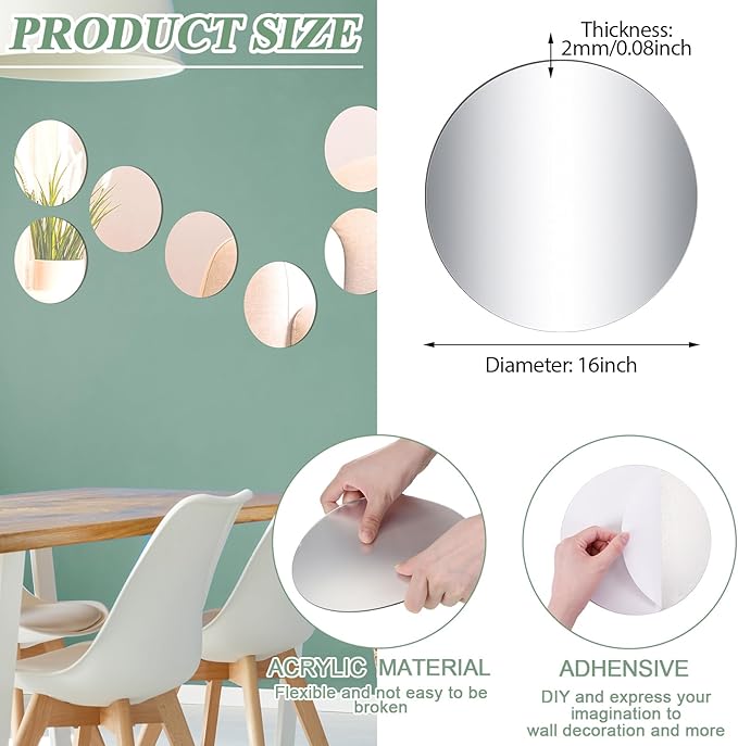 Cindeer Set of 24 Acrylic Round Mirror Plate Circle Mirror Trays Wedding Baby Shower Party Centerpieces for Tables Self Adhesive Non Glass Stickers for Home or Wall Candle Crafts Decor(16 Inch)