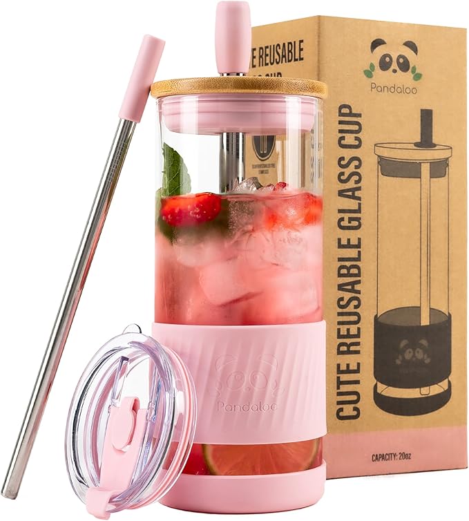 Pandaloo® Glass Cups With Lids and Straws -20 Fl Oz- Perfect Size Iced Coffee by Pandaloo