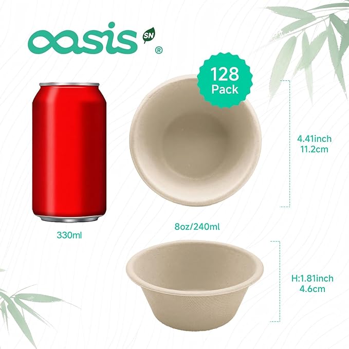 𝟴 𝗼𝘇, 𝟭𝟮𝟴-𝗣𝗮𝗰𝗸 Compostable Paper Bowls, Heavy-Duty Biodegradable Disposable Bowls Made from Bagasse, Eco-Friendly, Microwave & Freezer Safe (Natural)