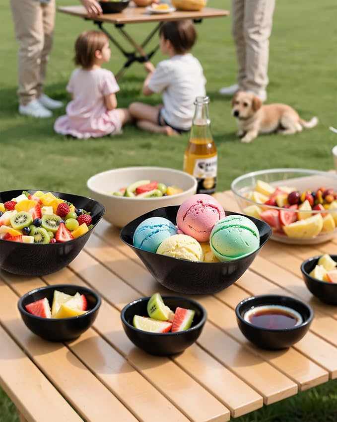 bUCLA 50Pack Black Plastic Serving Bowls - 16oz Disposable Serving Bowls for Dessert/Ice Cream/Salsa/Snack/Candy, Ideal for Party & New Year