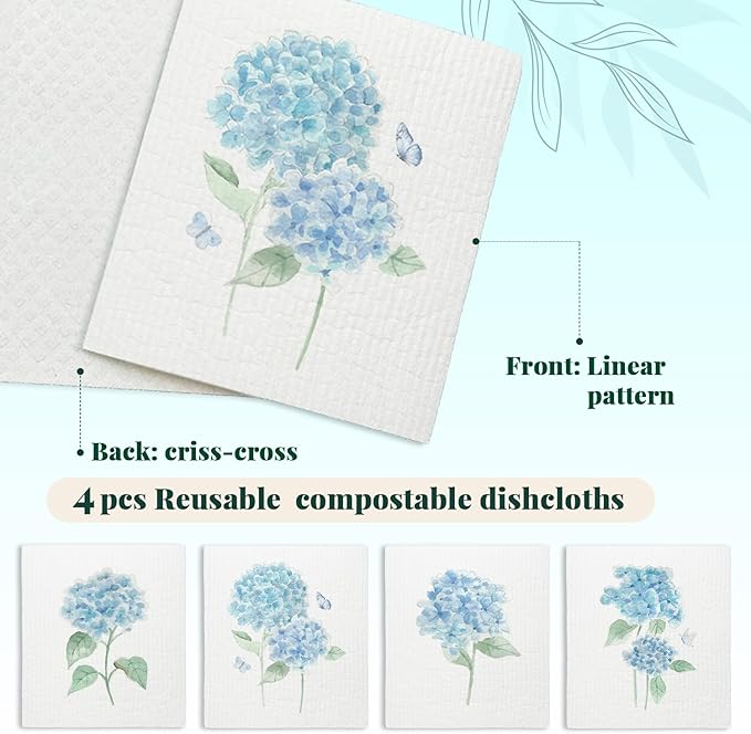 Spring Floral Swedish Dishcloths for Kitchen, Swedish Dish Cleaning Cloths for Hydrangea, Papaya Reusable Paper Towels, 4 Pack Dish Towels for Kitchen, Reusable Paper Dishcloths Washable